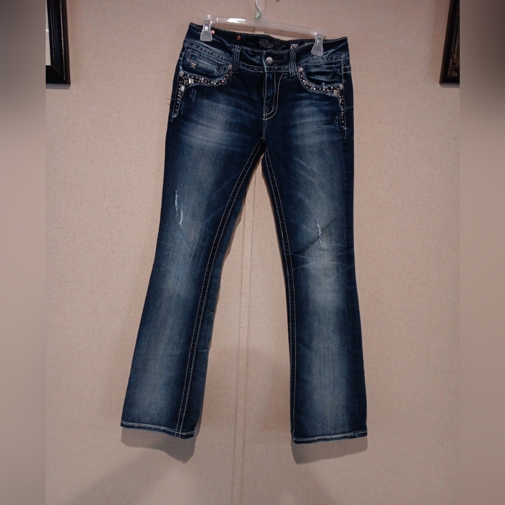 Miss Me Dark Blue Flared Jeans with Rhinestone Pocket Trim